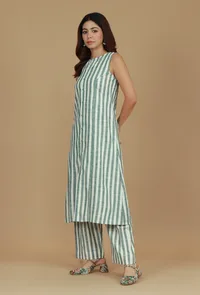 Green & White Striped Cotton Kurta image 3