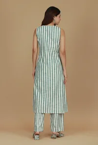Green & White Striped Cotton Kurta image 4
