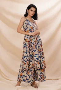 Set of 2: Beige Kalamkari Angrakha Kurta With Flared Cotton Pants image 1