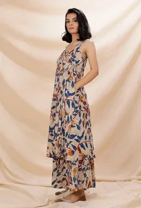 Set of 2: Beige Kalamkari Angrakha Kurta With Flared Cotton Pants image 2