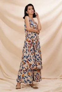 Set of 2: Beige Kalamkari Angrakha Kurta With Flared Cotton Pants image 3