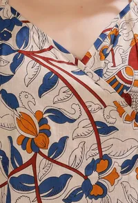 Set of 2: Beige Kalamkari Angrakha Kurta With Flared Cotton Pants image 6