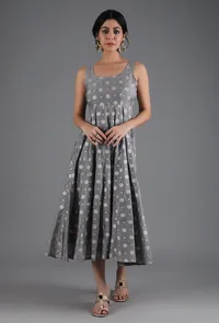 Metal Grey Chanderi Jacquard Sleeveless Dress image 1