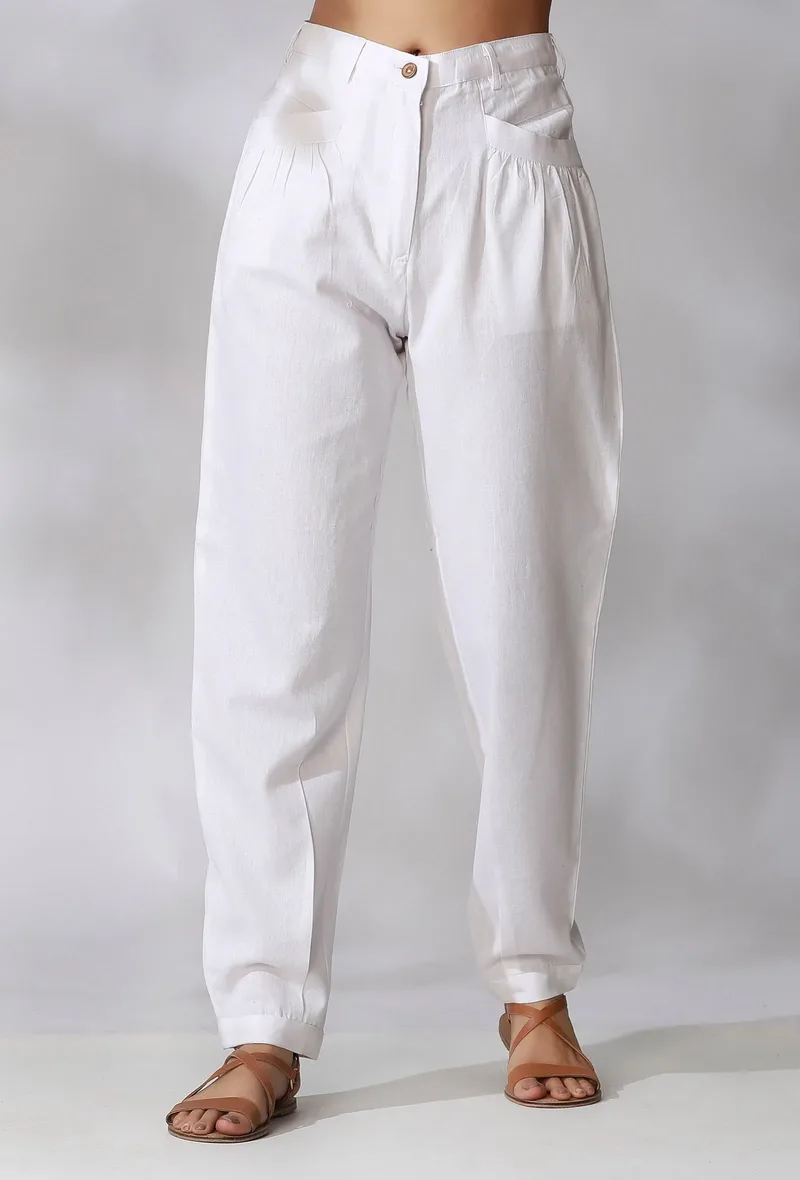 White Mid-Waist Cotton Pants With Front Pockets