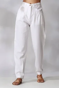 White Mid-Waist Cotton Pants With Front Pockets image 1