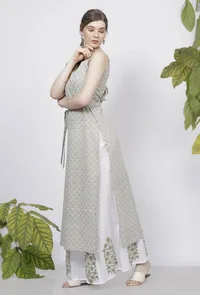 Sage Green Floral Hand-Block Printed Cotton Tie Up Slip Kurta image 3
