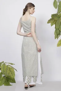 Sage Green Floral Hand-Block Printed Cotton Tie Up Slip Kurta image 4