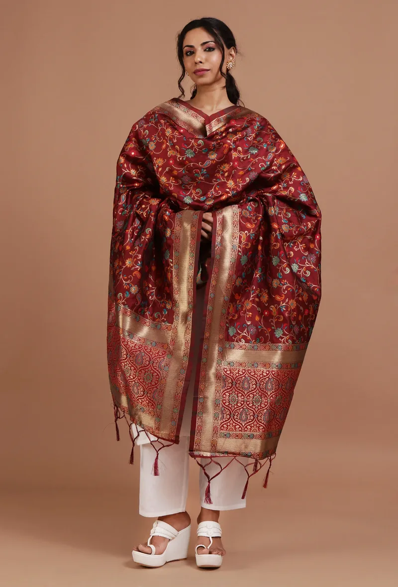 Maroon Color Semi Silk Dupatta With Zari Weaving