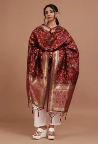 Maroon Color Semi Silk Dupatta With Zari Weaving image 1