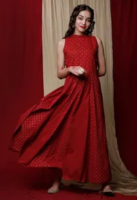 Maroon Cotton Printed Anarkali Dress image 1