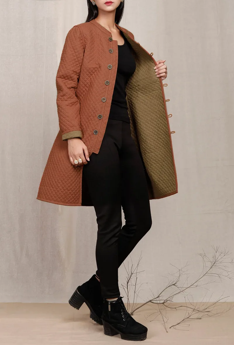 Rust Plain  Cotton Reversible Quilted Jacket