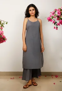 Set of 2: Grey Cotton plain Solid slip with Grey Cotton plain flared Pants image 1