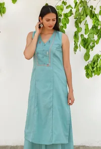 Aqua Blue  Mulmul-Jamdani Straight kurta image 1