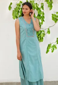 Aqua Blue  Mulmul-Jamdani Straight kurta image 2