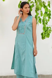 Aqua Blue  Mulmul-Jamdani Straight kurta image 3