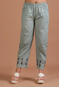 Set Of 2: Sage Green Cotton Plain Kurta & Pant Set image 4