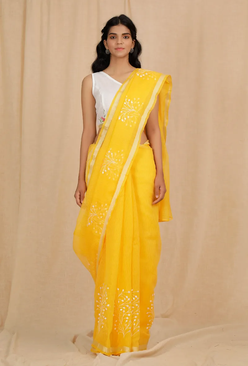 Set Of 2: Turmeric Yellow Kota Cotton Saree With 
Embroidered Stitched Blouse