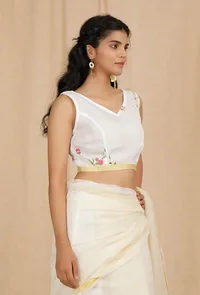 Set Of 2: Turmeric Yellow Kota Cotton Saree With 
Embroidered Stitched Blouse image 3