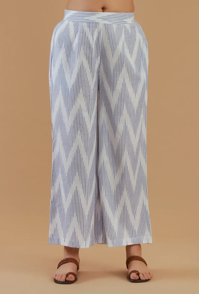 Blue Ikat Cotton Wide-Leg Pant