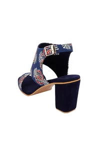 Indigo Ajrakh Cotton Strappy Block Heels In Suede image 2