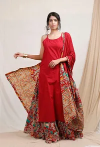 Set Of 3: Red Kurta With Kalamkari Skirt And Dupatta image 2