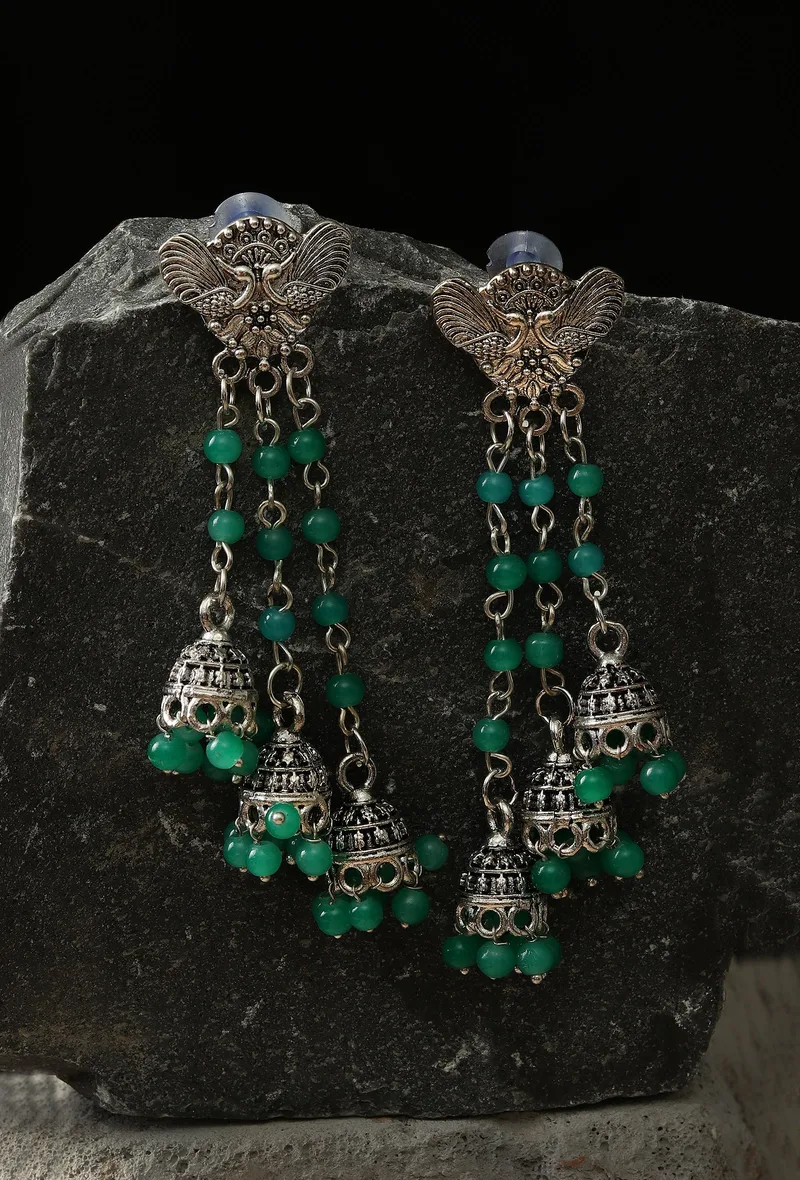 Peacock Charm Jhumka Drops Emerald Edition