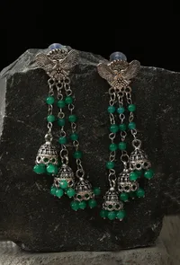 Peacock Charm Jhumka Drops Emerald Edition image 1