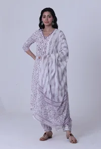 White & Multicolor Motif Cotton Dupatta image 1