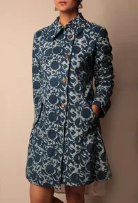 Blue Bagru Trench Coat With Wooden Buttons image 1