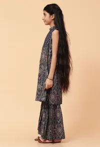 Set Of 2: Ari Indigo Multi Ajrakh Print Cotton Kurta & Sharara Pant image 2