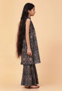 Set Of 2: Ari Indigo Multi Ajrakh Print Cotton Kurta & Sharara Pant image 3