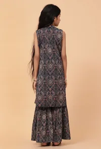 Set Of 2: Ari Indigo Multi Ajrakh Print Cotton Kurta & Sharara Pant image 4