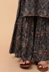 Set Of 2: Ari Indigo Multi Ajrakh Print Cotton Kurta & Sharara Pant image 6