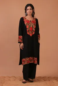 Black Woolen Ari Embroidered Phiran- Free Size image 1