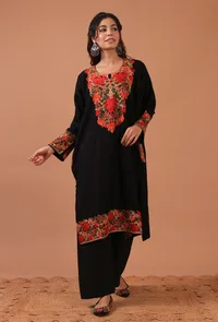 Black Woolen Ari Embroidered Phiran- Free Size image 2