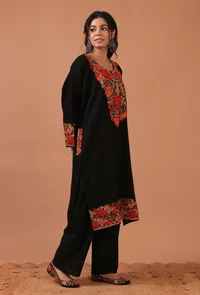 Black Woolen Ari Embroidered Phiran- Free Size image 3