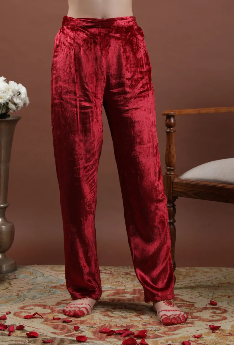 Zareena Solid Maroon Velvet Narrow Fit Pants