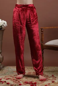 Zareena Solid Maroon Velvet Narrow Fit Pants image 1