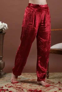 Zareena Solid Maroon Velvet Narrow Fit Pants image 2
