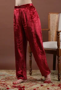 Zareena Solid Maroon Velvet Narrow Fit Pants image 3