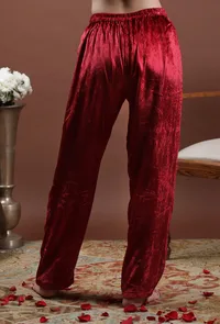 Zareena Solid Maroon Velvet Narrow Fit Pants image 4