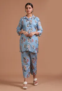 Set Of 2: Sky Blue Cotton Digital Printed Kurta & Pant Set image 1