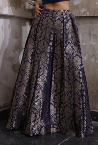 Royal Blue Banarasi Jacquard Box Pleat Flared Skirt With Tassels image 3