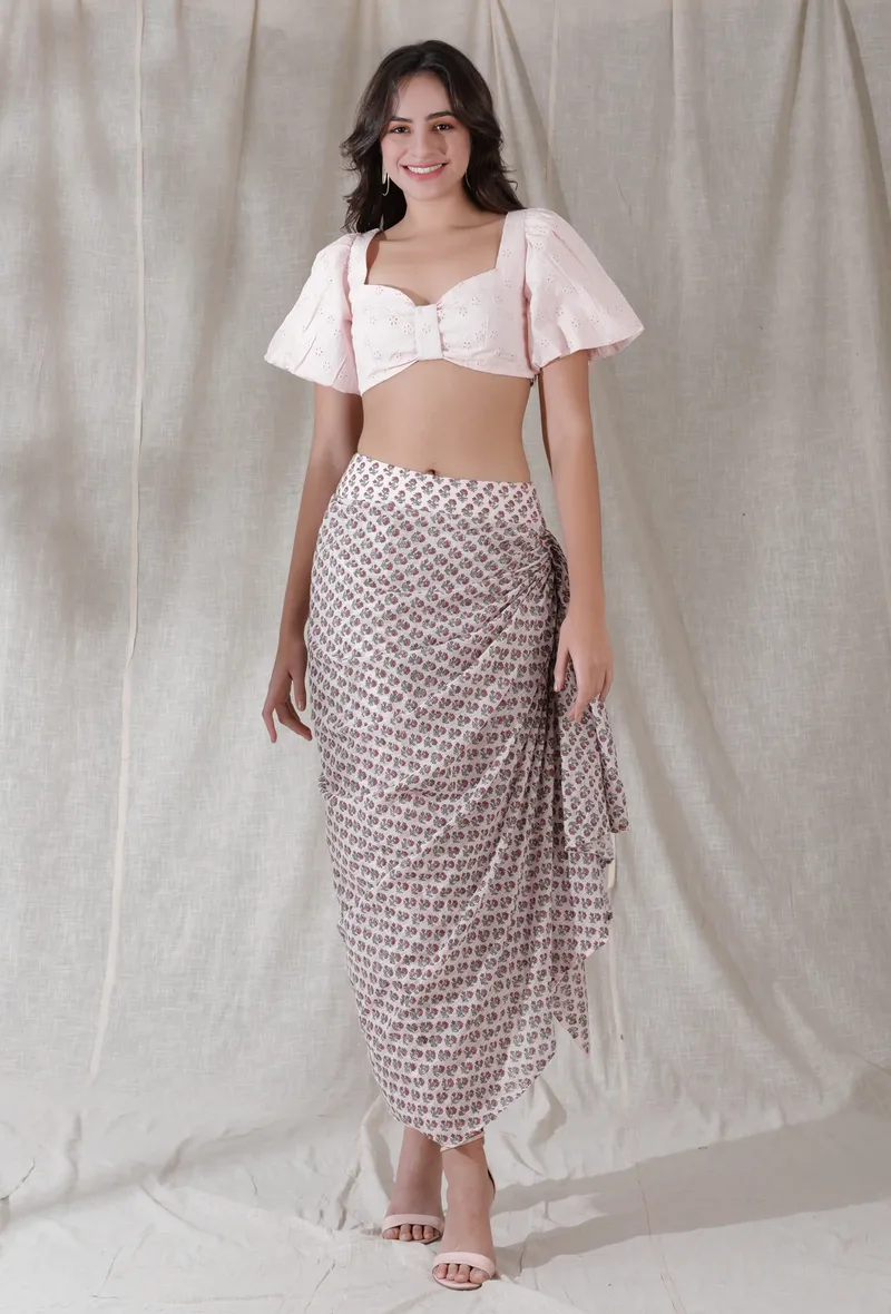 Set of 2- Baby pink color schiffli cotton bralette crop top with kota cotton blockprinted sarong draped high waist long skirt