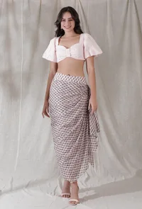 Set of 2- Baby pink color schiffli cotton bralette crop top with kota cotton blockprinted sarong draped high waist long skirt image 1