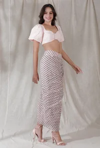 Set of 2- Baby pink color schiffli cotton bralette crop top with kota cotton blockprinted sarong draped high waist long skirt image 2