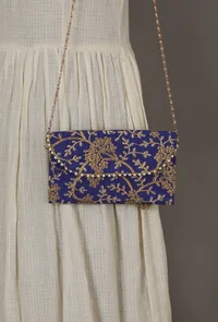 Majorelle Blue Zari Embroidered Silk Envelope Clutch image 2