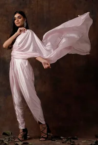 Set of 3 : Baby Pink Slip Blouse with Dhoti and Detatchable Drape image 2