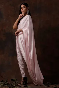 Set of 3 : Baby Pink Slip Blouse with Dhoti and Detatchable Drape image 3