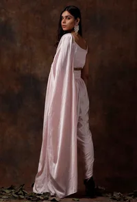 Set of 3 : Baby Pink Slip Blouse with Dhoti and Detatchable Drape image 5